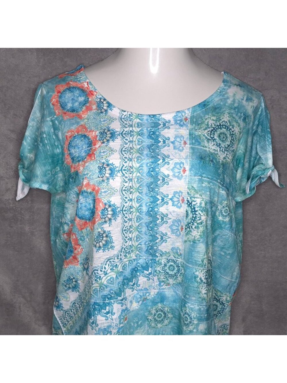 Time And Tru Womens Boho Print Top L Short Sleeve Tie-Sleeve Lightweight